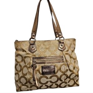 Coach Poppy Metallic Gold Signature Tote Bag W/ 2 Round Poppy Zipper Pulls